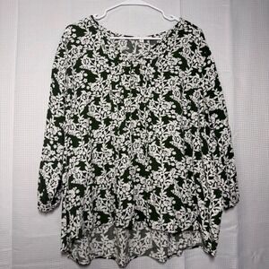 fun2fun Women's 3X Floral Blouse Green White High Low Pleated Front Tunic Top